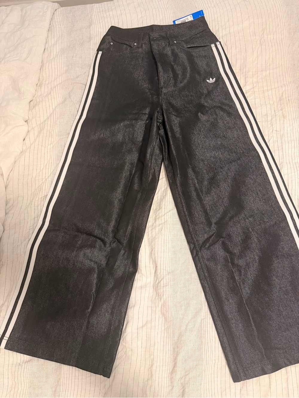 adidas originals baggy shiny Black Wide-Leg Jeans with White Side Stripes - Picture 5 of 7